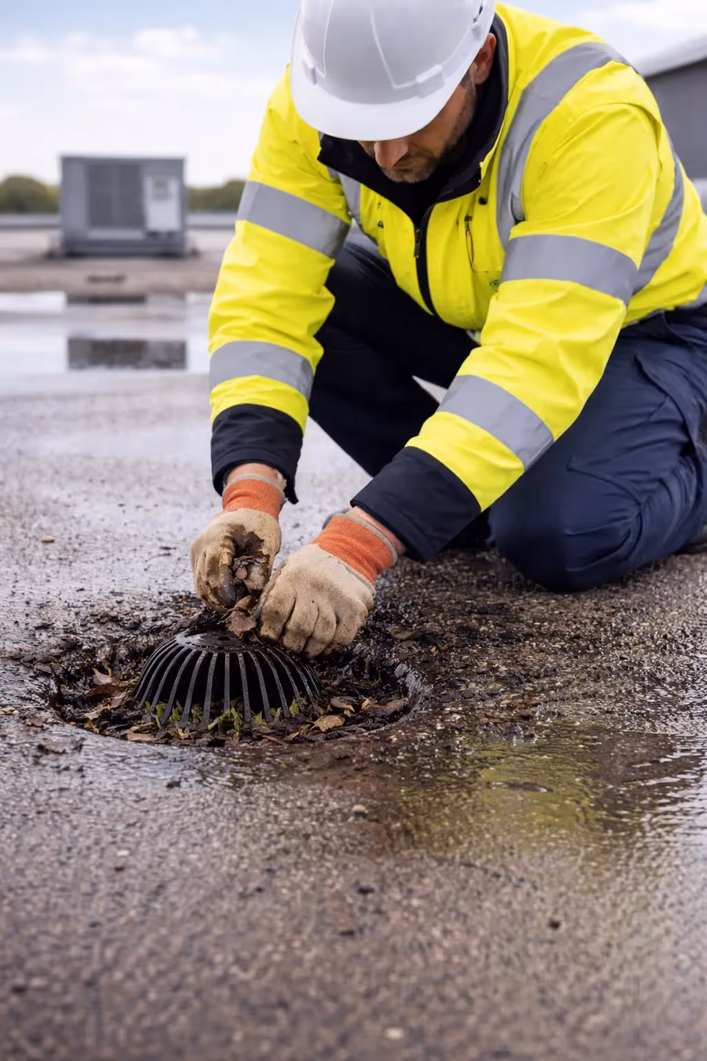 Techniker reinigt einen verstopften Dachablauf von Laub und Schmutz