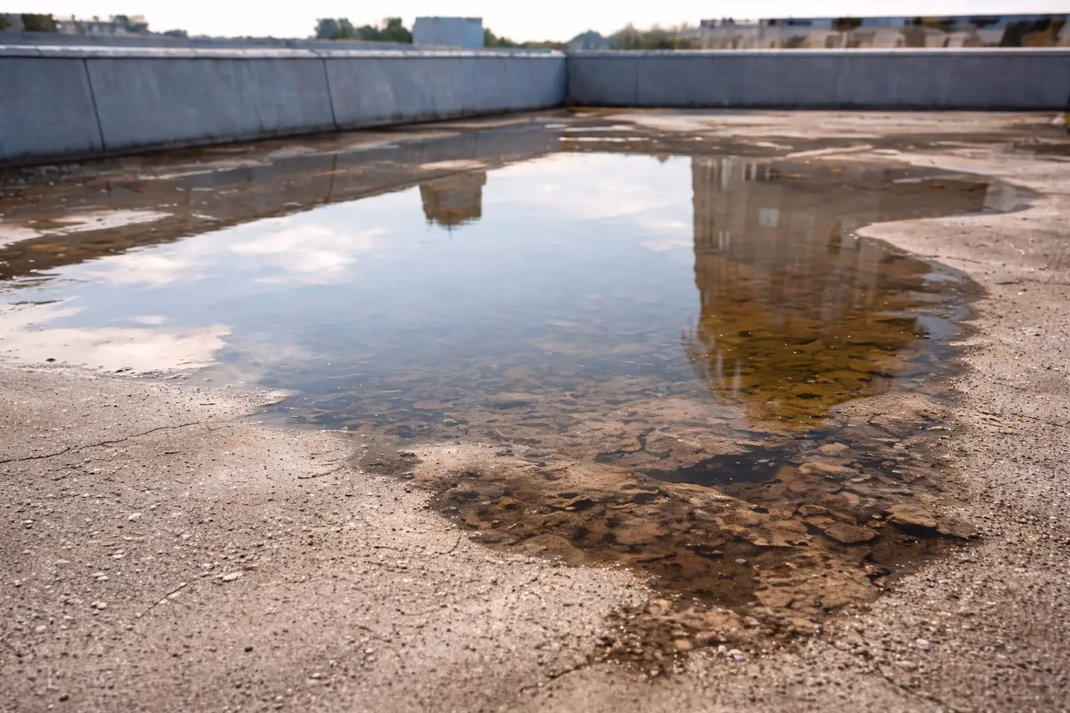 Stehendes Wasser auf einem Flachdach: große Pfütze auf der Abdichtung vor der Attika