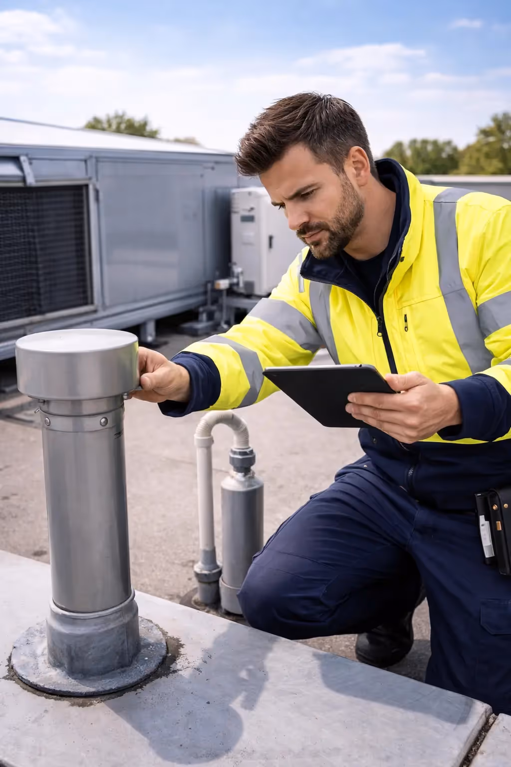 Techniker prüft eine Dachentlüftung und dokumentiert den Zustand auf dem Tablet
