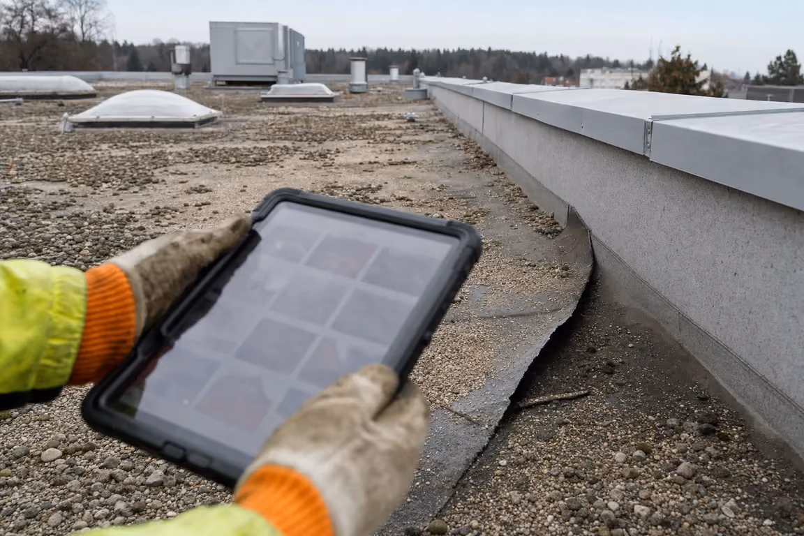 Fotodokumentation für die Beschlussvorlage zur Dach-Erhaltungsmaßnahme: Hände halten ein Tablet mit Foto-Kacheln, dahinter die gelöste Anschlussbahn an der Attika