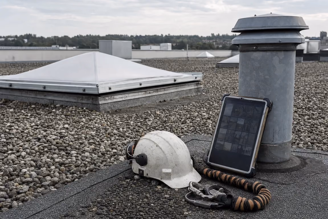 Betreiberpflichten am Dach: robustes Tablet mit Foto-Dokumentation lehnt an einem verzinkten Lüfterstutzen auf dem Kiesdach, davor Schutzhelm und aufgerolltes Verbindungsmittel mit Karabinern