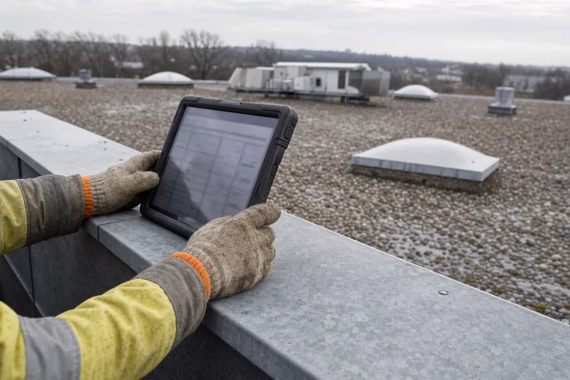 Dachwartung als Betriebskosten im Gewerbemietvertrag: Tablet mit Tabellenansicht auf der Attika-Abdeckung, das Gewerbedach dahinter