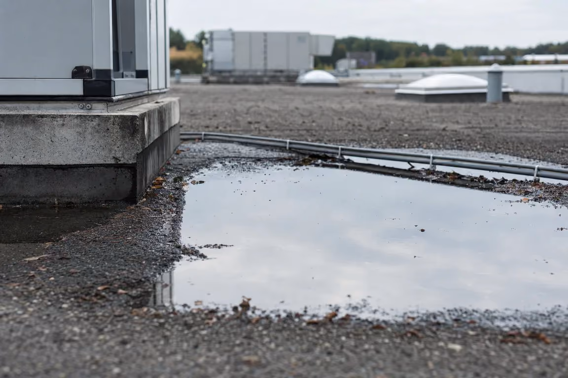 Stehendes Wasser auf einer gealterten Bitumen-Dachfläche, die Lache reicht bis an den Betonsockel eines Lüftungsgeräts und an ein Elektro-Leerrohr