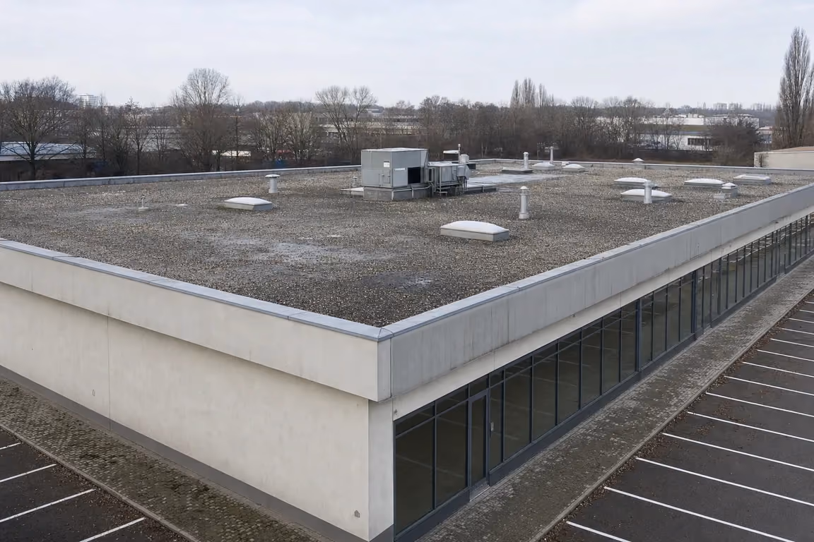 Dachwartung für Supermärkte & Filialisten: Flachdach eines Marktgebäudes von schräg oben mit Lüftungstechnik und Lichtkuppeln, davor der angeschnittene leere Parkplatz