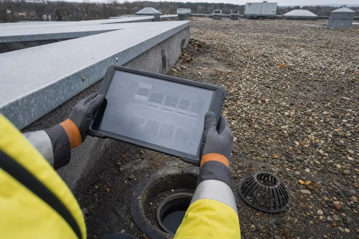 Behandschuhte Hände halten ein robustes Tablet mit abstrakter Kachelansicht über einem geöffneten Dachablauf; der Kiesfangkorb liegt daneben auf der Kiesschüttung