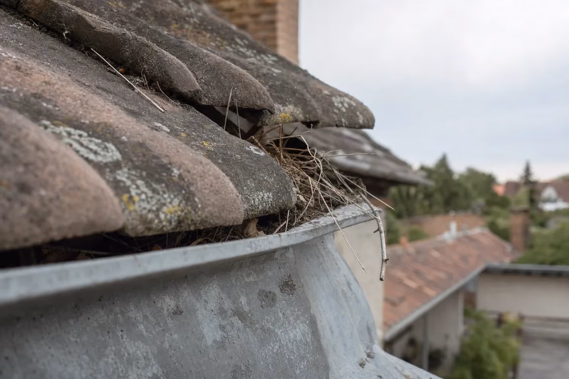 Traufspalte einer gealterten Ziegeldeckung über der Zinkrinne, aus der Halme und dünne Zweige als Nistmaterial herausragen