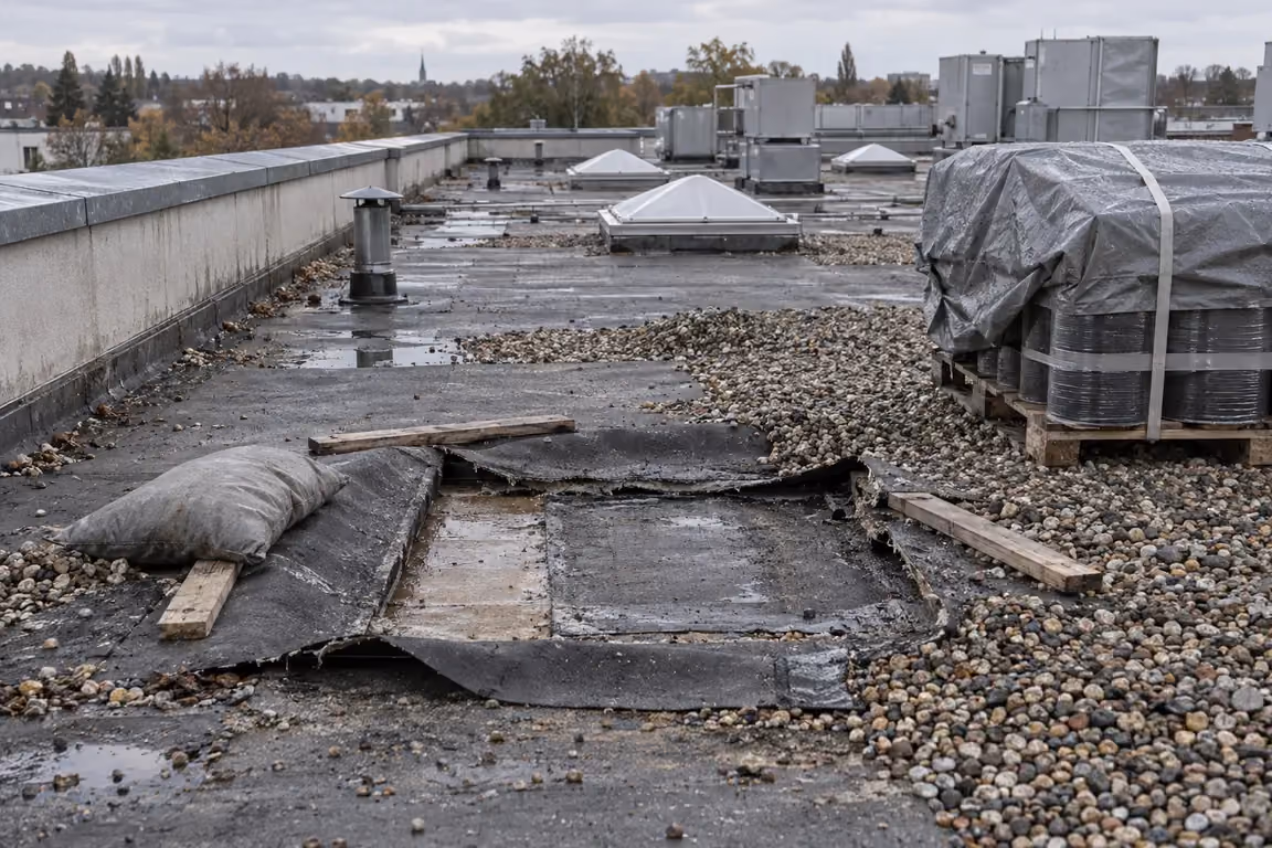 Liegengebliebene Dachreparatur auf einem Flachdach: aufgeschnittene Bitumenbahn mit ausgefransten Rändern, provisorisch mit Kanthölzern und einem Sandsack beschwert, Wasser in der Öffnung, Kies zur Seite geschoben; daneben eine Palette Dachbahnrollen unter einer verzurrten grauen Plane
