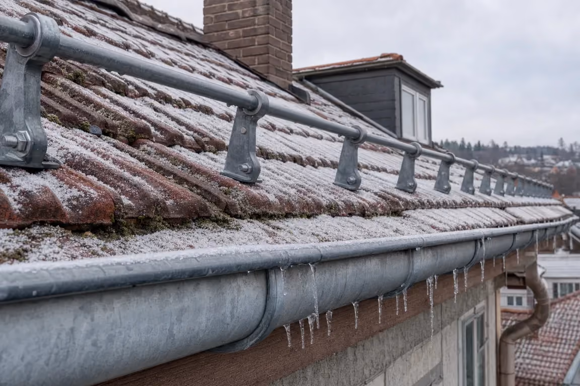 Schneefangrohr auf einer Ziegeldeckung, darunter die Zinkrinne mit kurzen Eiszapfen und dünner Schneeauflage auf den Ziegeln