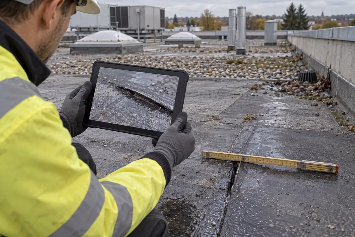 Behandschuhte Hand hält ein Tablet, dessen Bildschirm ein Foto einer nicht verklebten Bitumennaht zeigt; im Vordergrund liegt ein Zollstock quer über einer frisch verlegten, noch leicht glänzenden Bitumennaht mit offener Überlappung