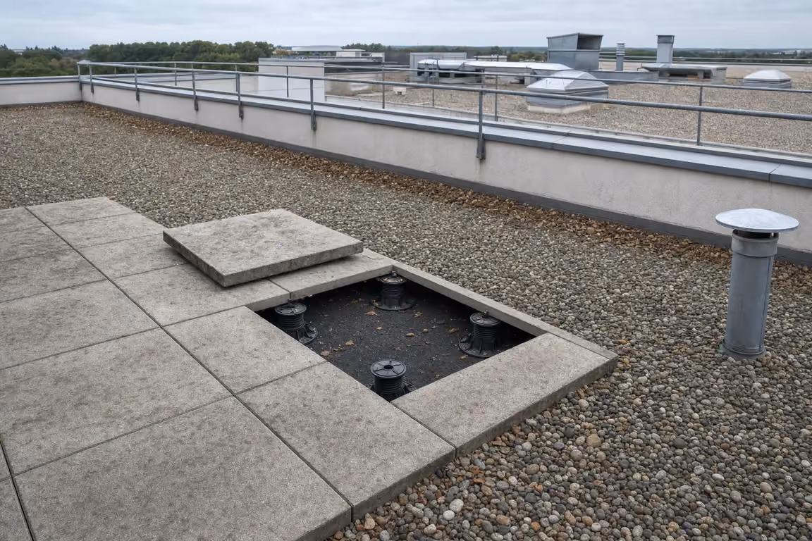 Dachterrasse mit großformatigen Betonplatten auf Stelzlagern; eine Platte ist entnommen und liegt flach auf den Nachbarplatten, im offenen Feld vier Stelzlager auf der dunklen Abdichtungsbahn