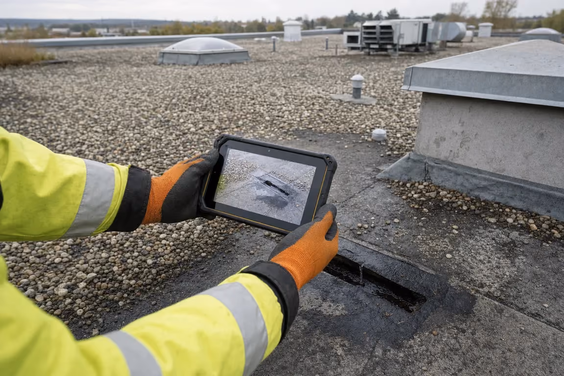 Schaden am Dach für die Gebäudeversicherung dokumentiert: Tablet in Kameraposition über einer durchnässten offenen Naht der Bitumenabdichtung