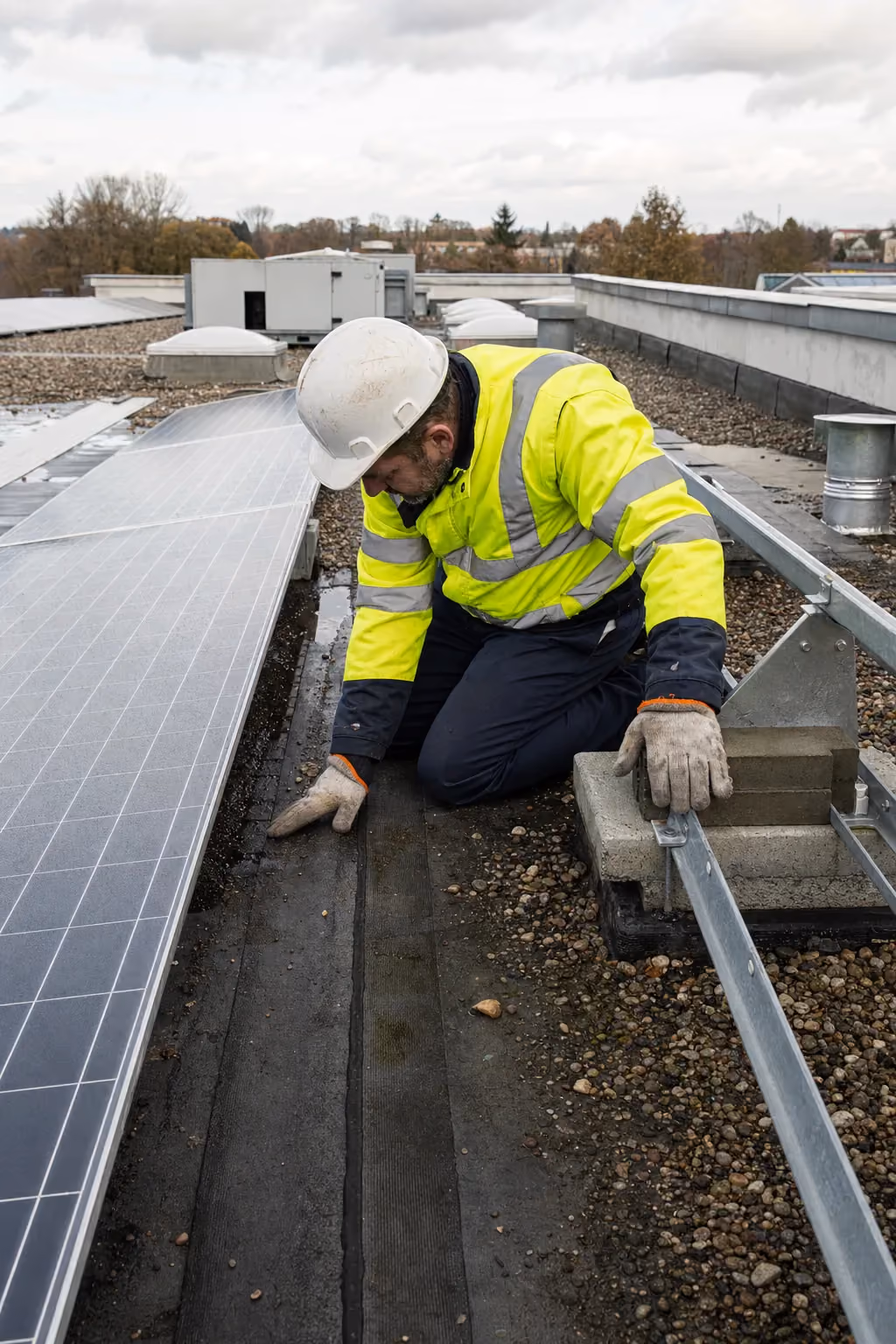 Dachwartung unter Photovoltaik: Techniker prüft kniend die Abdichtung in der Gasse zwischen PV-Reihe und Montageschiene