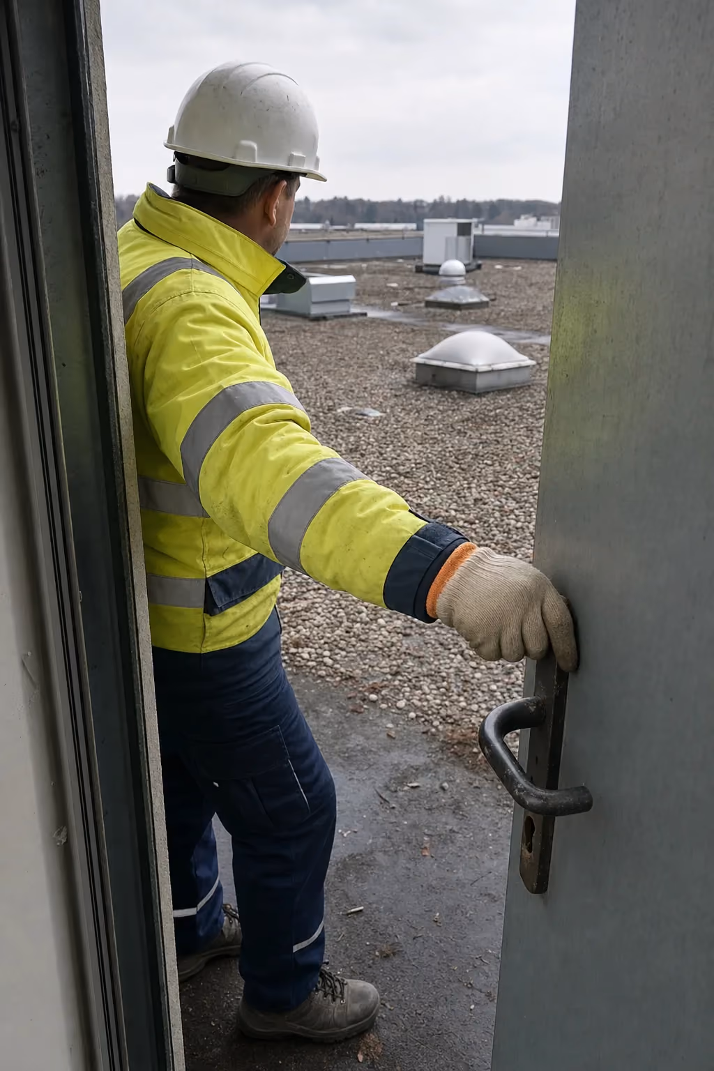 Dachzugang für Fremdfirmen: Techniker tritt durch die Stahltür des Dachausstiegs auf die Dachfläche, die Hand an der Zugangstür