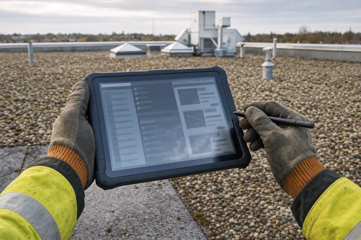 Behandschuhte Hände halten auf einem kiesbedeckten Flachdach ein Tablet mit der Listenansicht der Dachdokumentation und einen Eingabestift — Zustandsbild als Grundlage der Erhaltungsrücklage fürs WEG-Dach