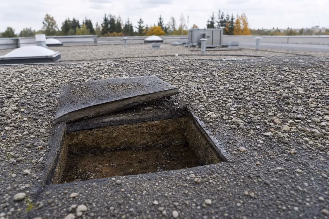 Feuchteschaden in der Flachdach-Dämmung: geöffnete Abdichtung, darunter durchfeuchtete, dunkel verfärbte Mineralwolle
