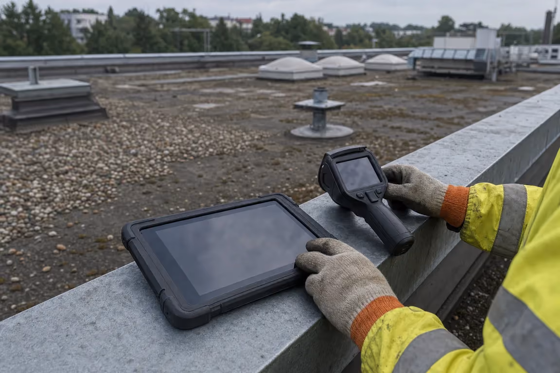 Betreiber-Dokumentation nach GEFMA 190: das Tablet liegt auf der Attika-Abdeckung, die Wärmebildkamera wird darüber in den Händen gehalten