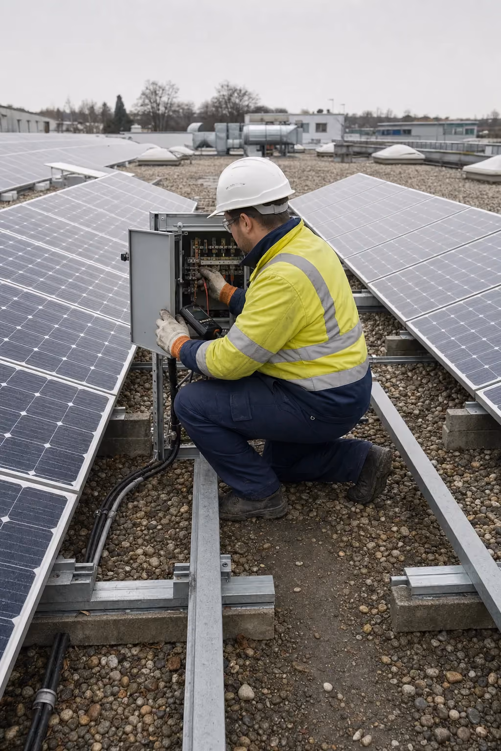 Elektrofachkraft mit Helm, Schutzbrille und Warnjacke misst mit einem Handmessgerät an der geöffneten Unterverteilung zwischen zwei aufgeständerten Modulreihen; die Aufständerung steht mit Ballastblöcken auf der Kiesschüttung des Flachdachs