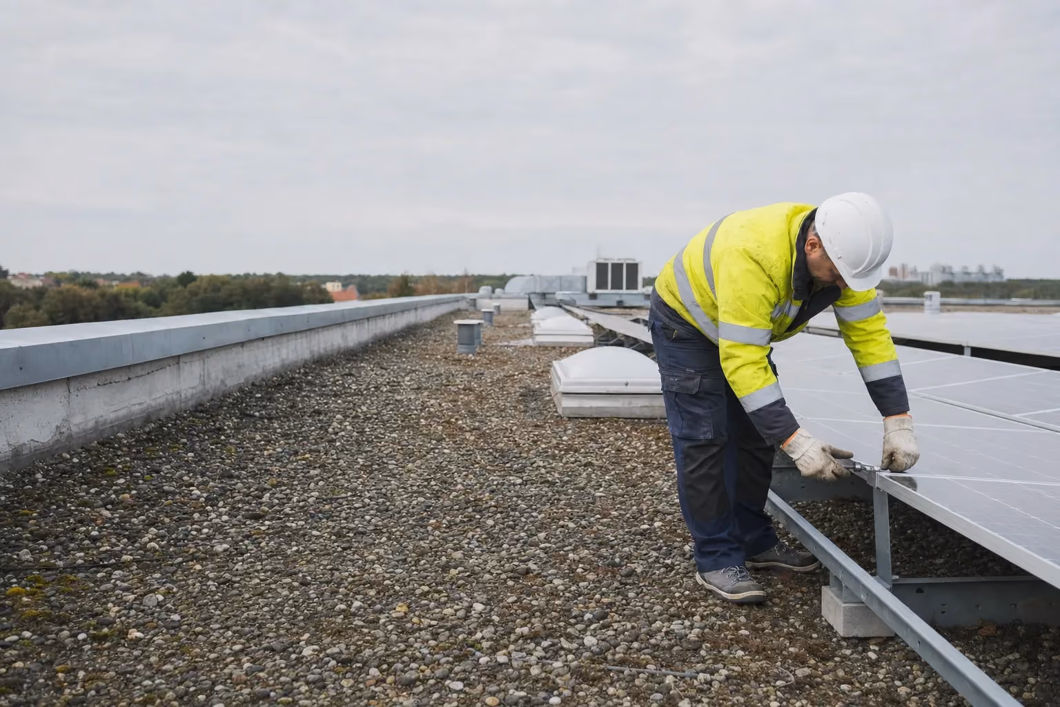 Photovoltaik-Wartung: Techniker setzt im Wartungsgang neben einer Modulreihe einen Schlüssel an der Modulklemme auf der Montageschiene an