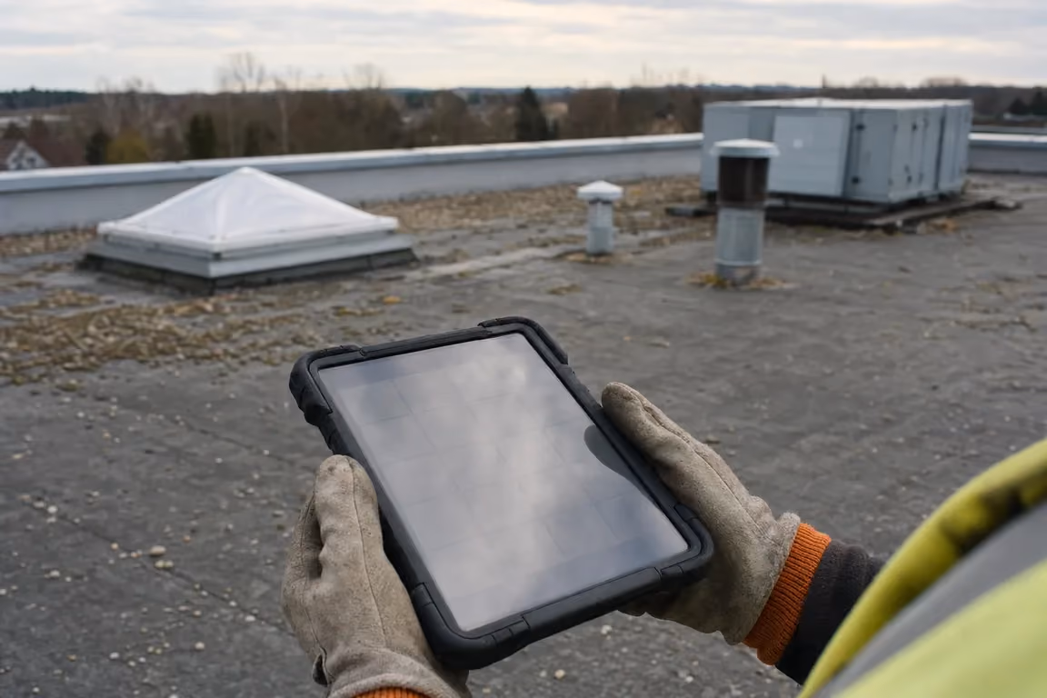 Prüfplan für die Dachfläche: Tablet mit leerem Planungsraster in den Händen, dahinter Lichtkuppel, Entlüfter und RLT-Gerät
