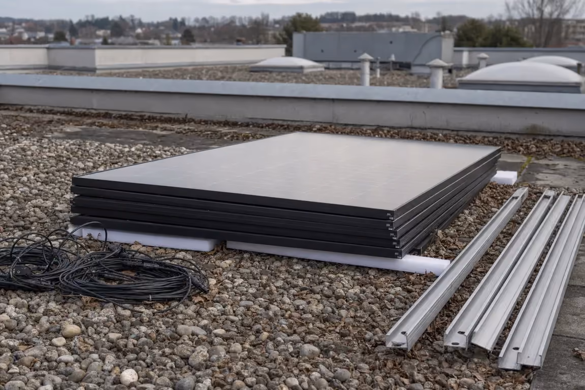 Demontierte Photovoltaikmodule flach auf Schaumstoffleisten im Dachkies gestapelt, daneben die abgebauten Aluminium-Montageschienen und aufgerollte Kabel