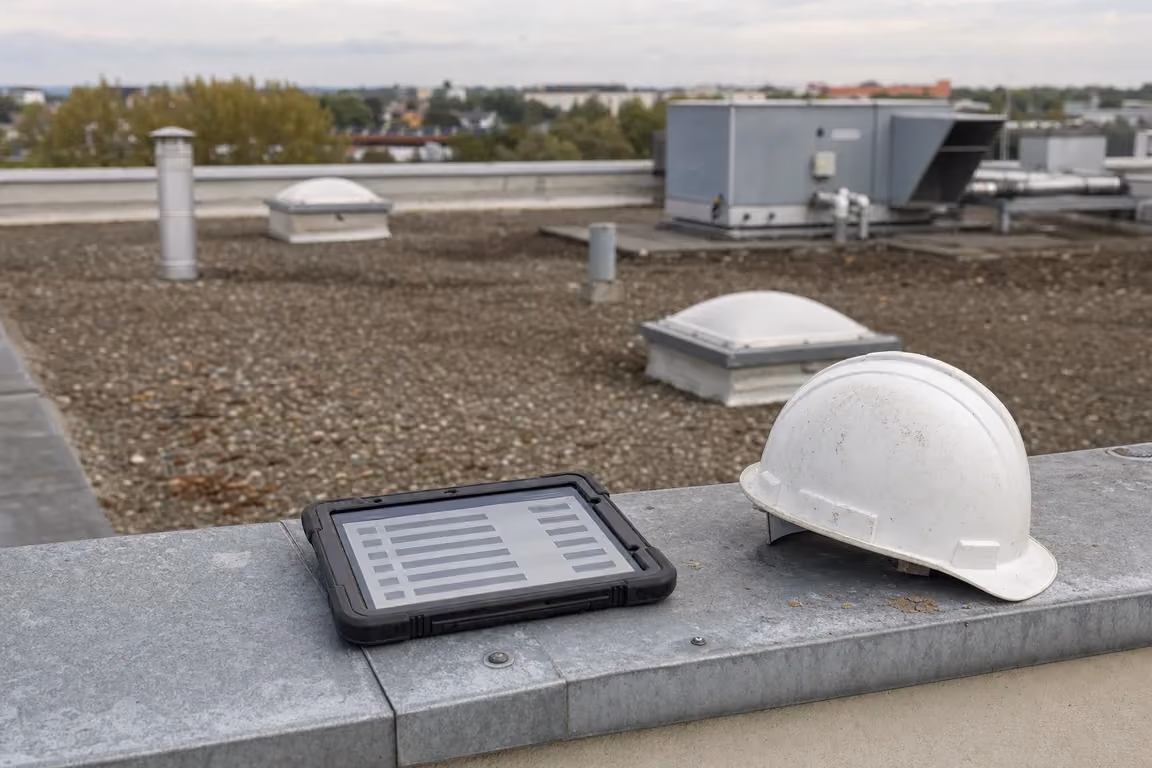 Robustes Tablet mit der Positionsliste eines Leistungsverzeichnisses für die Dachwartung liegt neben einem weißen Schutzhelm auf der Blechabdeckung der Attika, dahinter Kiesfläche und Lichtkuppeln
