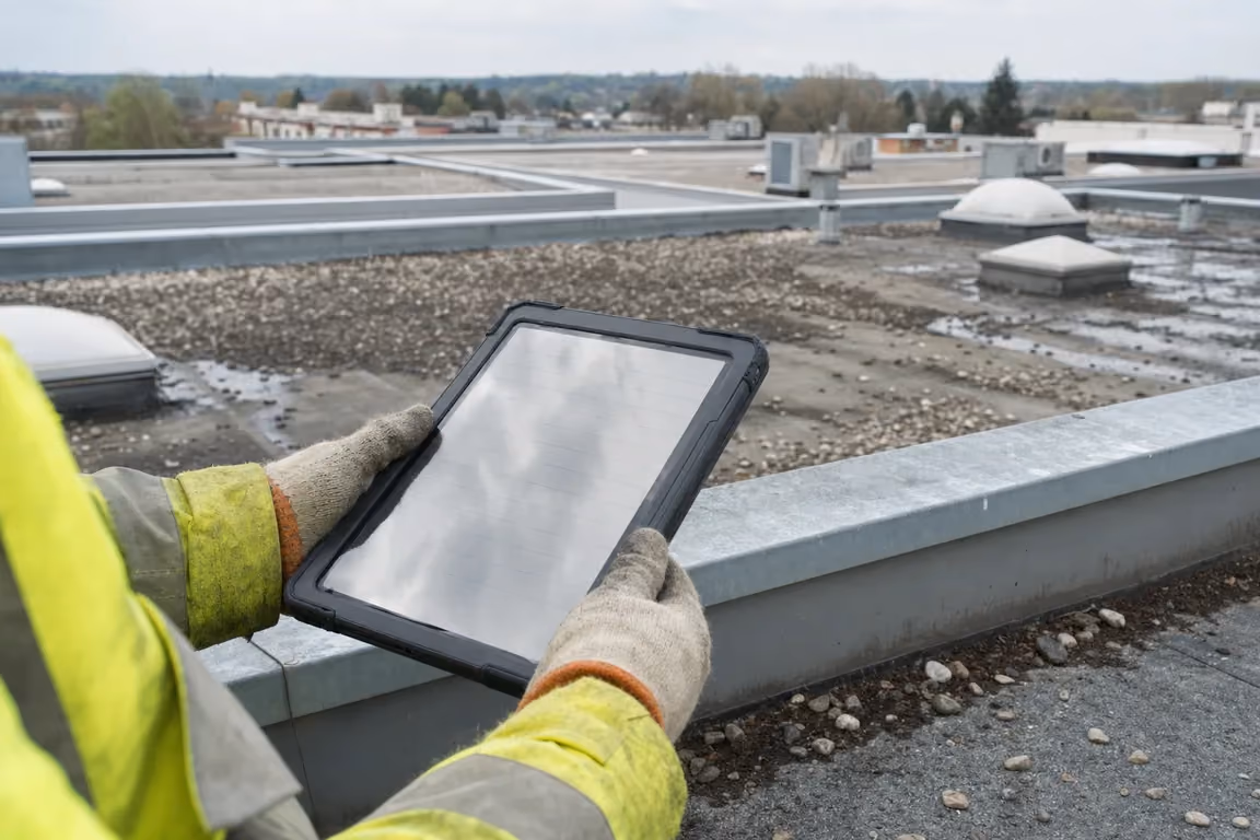 Wartungskalender für mehrere Objekte: Tablet mit leerem Planungsraster an der Attika, die Flachdächer des Bestands dahinter