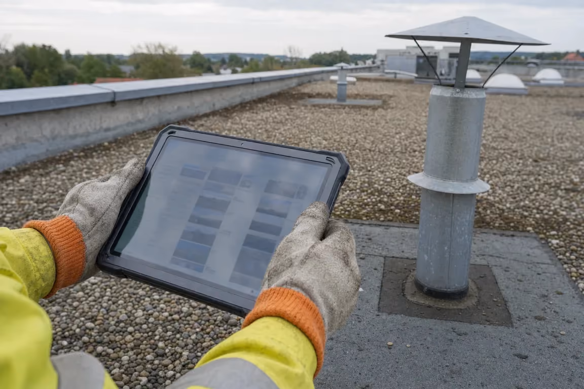 Wartungspflicht am Dach digital dokumentiert: Hände in Arbeitshandschuhen halten ein robustes Tablet mit dem Foto-Protokoll der Begehung, dahinter Entlüfter und Attika des Flachdachs