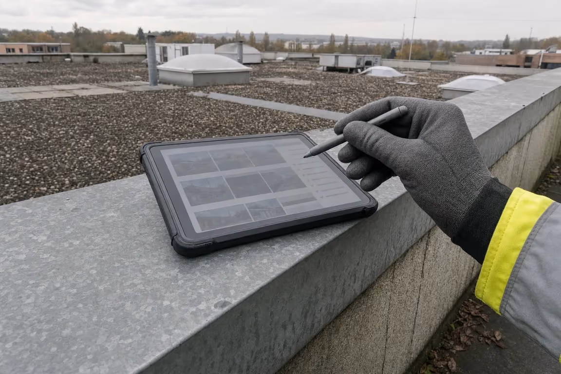 Checkliste zum Dachwartungsvertrag: eine behandschuhte Hand führt einen Eingabestift über die Checklistenzeilen eines Tablets, das auf der verzinkten Attika-Abdeckung eines Kiesdachs liegt