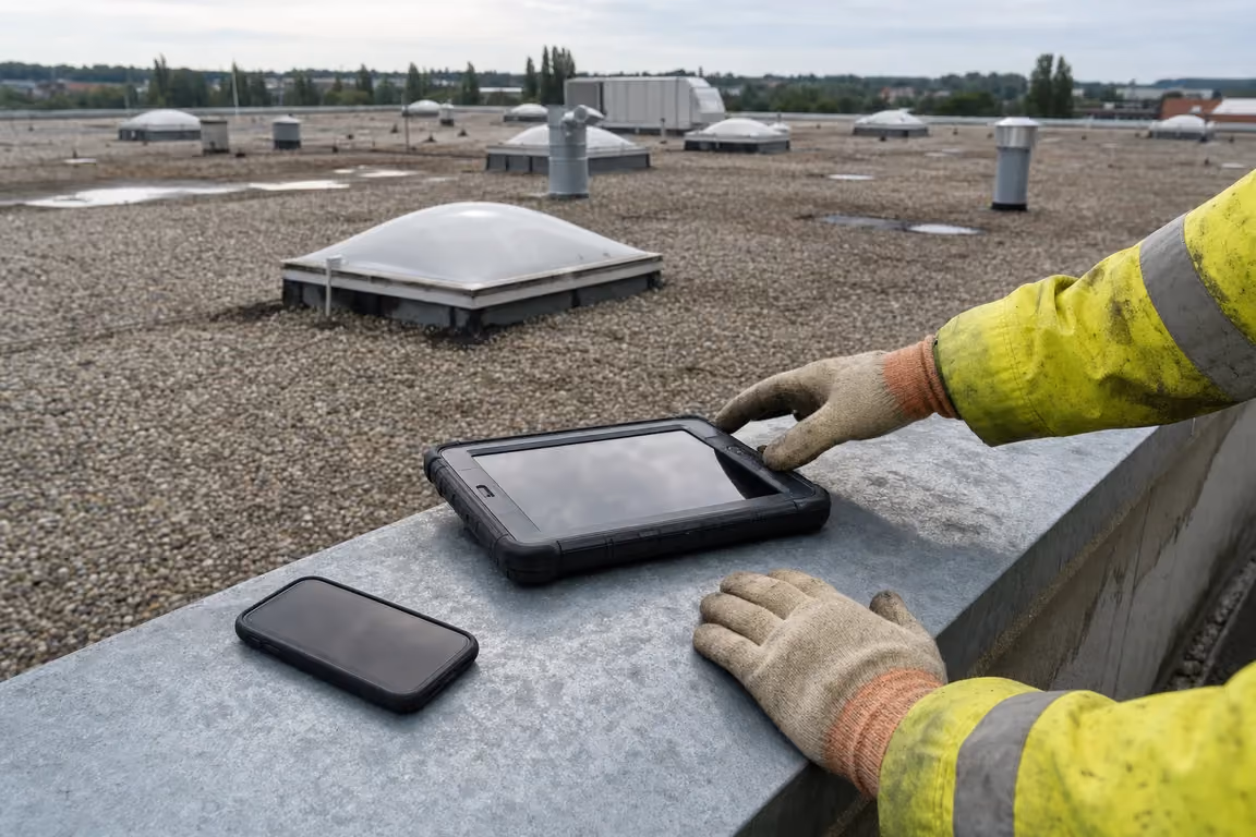 Tablet und dunkles Smartphone auf der Attika-Abdeckung: die digitale Dokumentation beim Prüfen des Dach-Beschlusses der WEG auf Anfechtungsrisiken