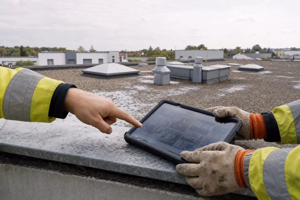 Dacherhaltung in der WEG beschließen: zwei Hände über dem Tablet mit Foto-Kacheln des Dachzustands an der Attika