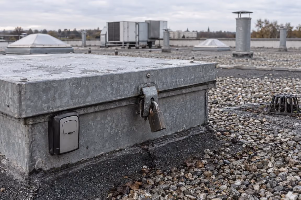 Verschlossene, verwitterte Stahl-Dachausstiegsklappe mit Vorhängeschloss am geschlossenen Beschlag, daneben ein an der Verkleidung montierter Schlüsseltresor; die Kiesschüttung des Flachdachs verliert sich im Hintergrund in Unschärfe
